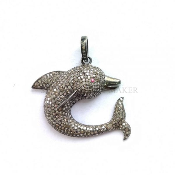 Pave Diamond Dolphin Pendant, Diamond Pendant,Dolphin Pendant, Silver Diamond Pendant, Pave Diamond Jewelry
