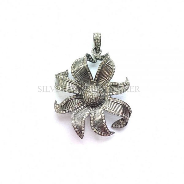 Pave Diamond Pendant, single cut Diamond Pendant,Flower Pendant, Silver Diamond Pendant, Pave Diamond Jewelry,Silver Jewelry