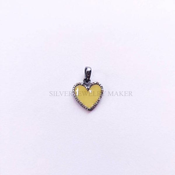 Pave Diamond Enameled Heart Pendant, Single cut Diamond Pendant, Enameled Heart Pendant, Silver Diamond Pendant