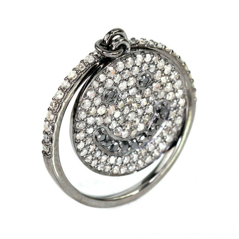 Natural Diamond Smile Face Charm Ring 925 Sterling Silver Pave Diamond Jewelry
