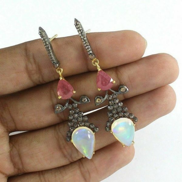 Natural Opal Ruby Pave Diamond Earrings 925 Sterling Silver Fine Jewelry