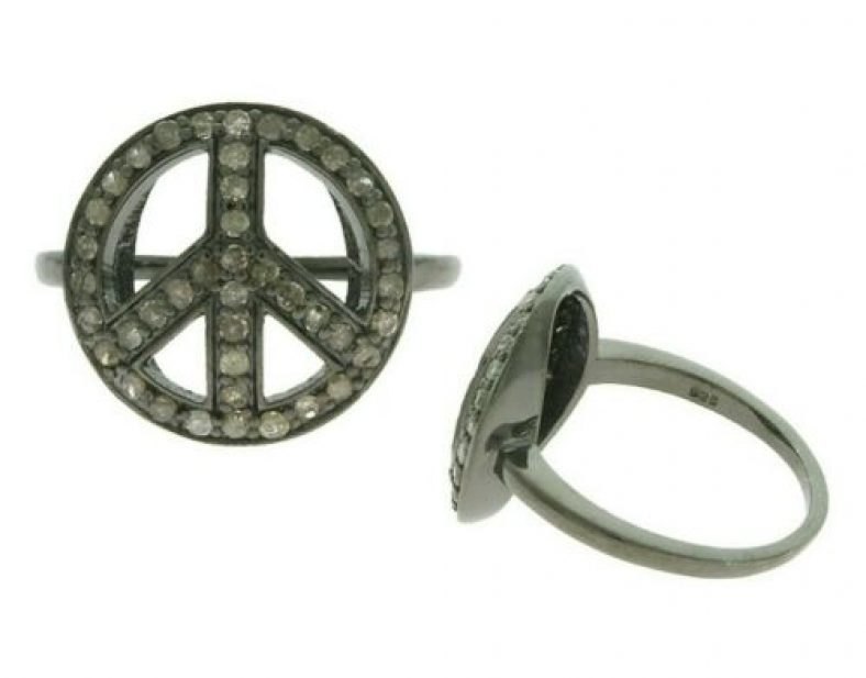 0.61 Cts Natural Pave Diamonds 925 Solid Sterling Silver Peace Sign Ring Jewelry