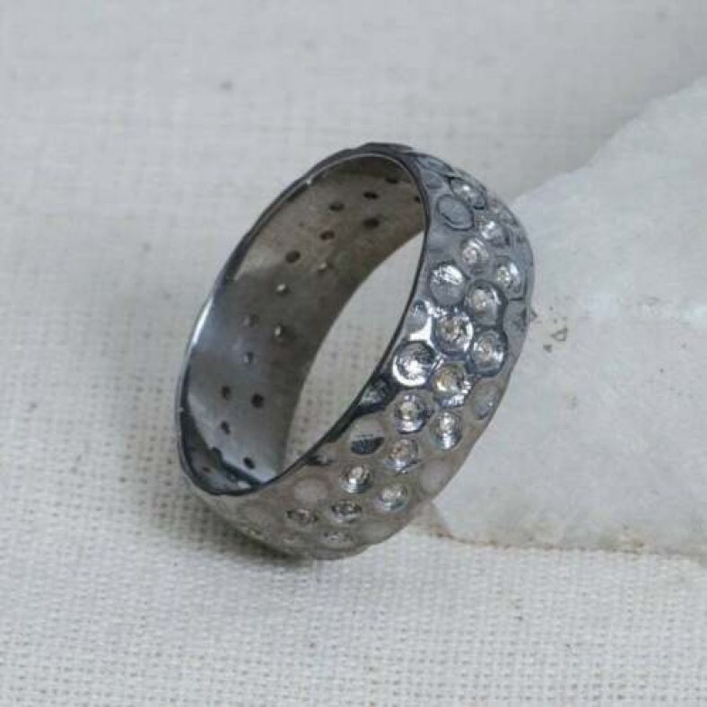 925 Sterling Silver hammered Ring Studded Natural Pave Diamond Gift Jewelry