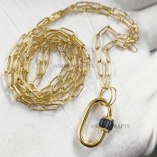 14k Solid Yellow Gold Sapphire bguette Carabiner Lock Necklace Jewelry, Sapphire Carabiner Clasp Lock Paper Clip Chain Necklace Jewelry