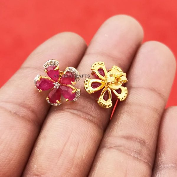 14k Yellow Gold Natural Ruby Diamond Pave Stud Earrings Jewelry, Genuine Ruby Flower Stud Earrings Solid Gold Pave Diamond Earrings