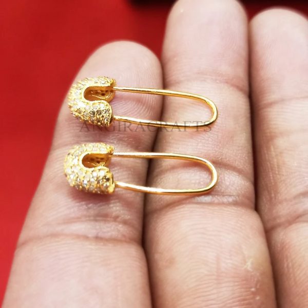 14k Gold Natural Pave Diamond Safety Pin Shape Earrings, Tiny Safety Pin Stud, 14k Gold Diamond Earrings Gift For Her
