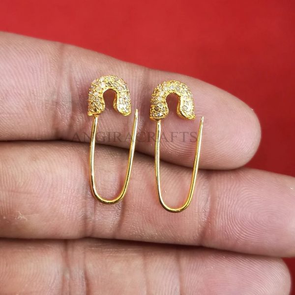 14k Gold Natural Pave Diamond Safety Pin Shape Earrings, Tiny Safety Pin Stud, 14k Gold Diamond Earrings Gift For Her