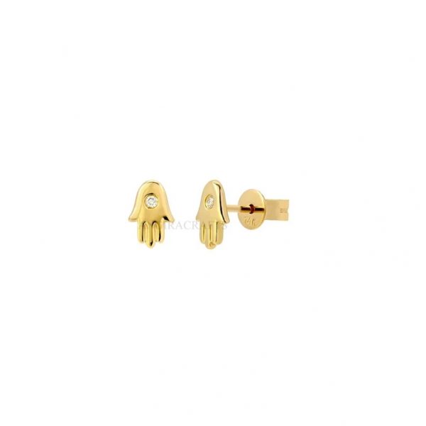 14k Yellow Gold Handmade Hamsa Shape Stud Earrings, 14k Hamsa Stud Earrings, Diamond Hamsa Stud Earrings For Women's