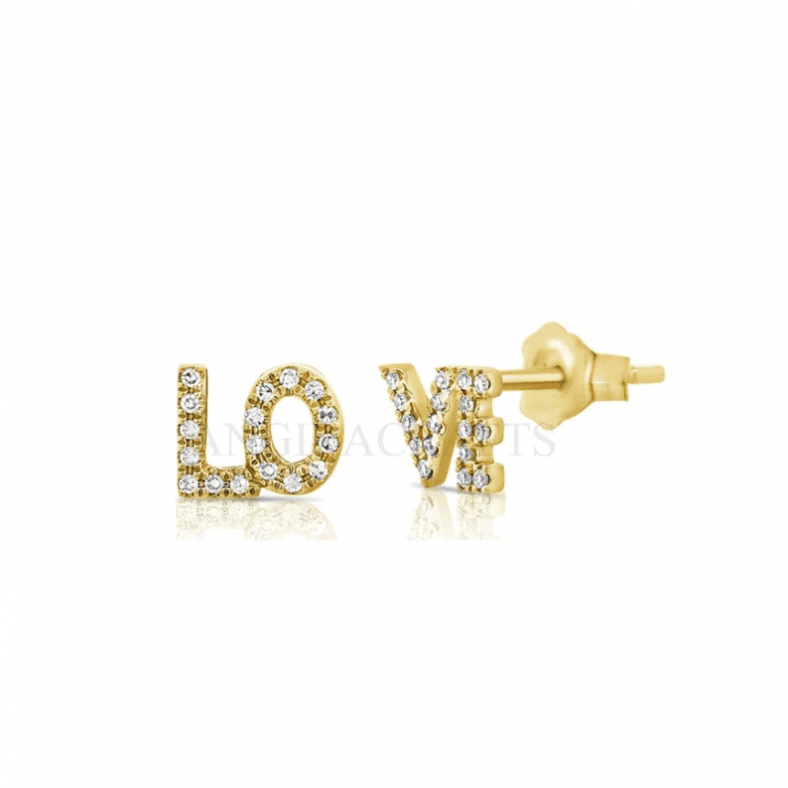 14k Gold Natural Pave Diamond Love Shape Initial Stud Earrings, Tiny Love Letters Stud, Gift For Her
