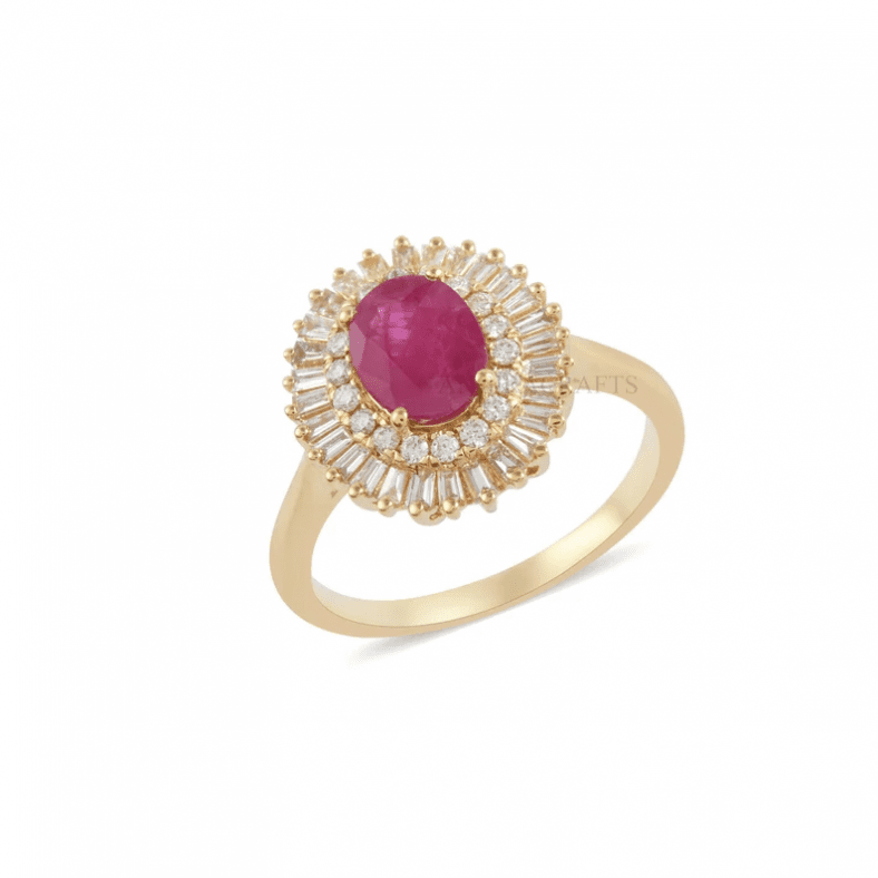 14k Yellow Gold White Topaz Baguette With Natural Ruby Pave Diamond Ring Jewelry, 14k Gold Ring, Baguette Ring, Ruby Ring