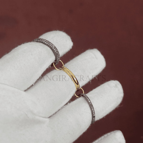 14k Solid Gold Middle Ring & Small Two Connector With Natural Pave Diamond Silver two Diamond Silver Three Finger Band Ring