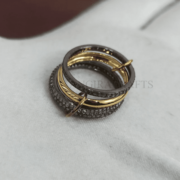 14k Solid Gold Middle Ring & Small Two Connector With Natural Pave Diamond Silver two Diamond Silver Three Finger Band Ring