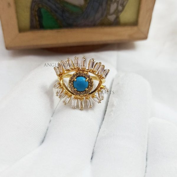 925 Sterling Silver Evil Eye Handmade Baguette Turquoise Ring Jewelry, Silver Ring Jewelry For Women's