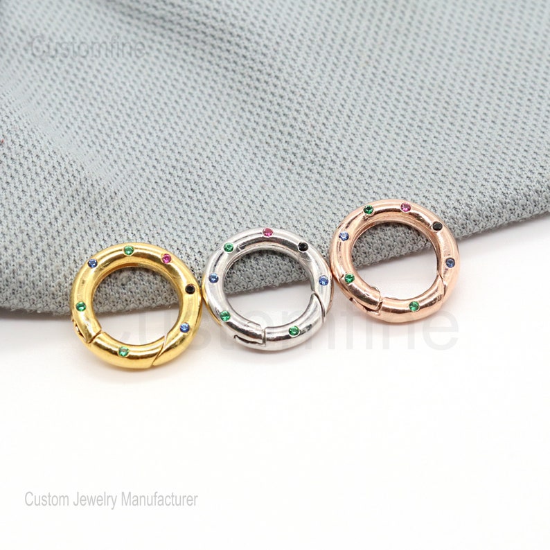 14k Gold Multisapphire Round Shape Handmade Charm Holder Lock, 14k Gold Push Lock, Snap Lock Jewelry