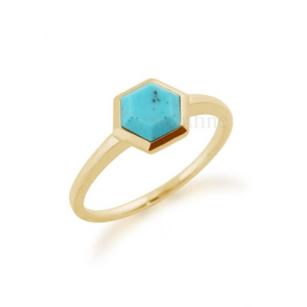 Christmas Gift!! Handmade Hexagon Shape Designer 14k Gold Turquoise Gemstone Ring Jewelry, 14k Gold Hexagon Ring For Women's
