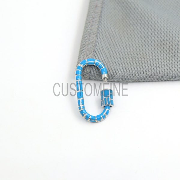 Turquoise Enamel Oval Shape Carabiner Necklace Screw Clasp Lock 925 Sterling Silver Carabiner lock Necklace
