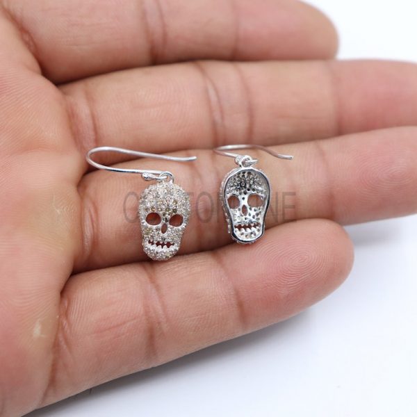 Pave Diamond Skull Dangle Earrings Jewelry, Sterling Silver Skull Earrings, Skull Jewelry Wholesale