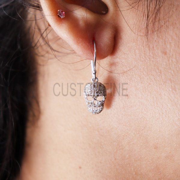 Pave Diamond Skull Dangle Earrings Jewelry, Sterling Silver Skull Earrings, Skull Jewelry Wholesale