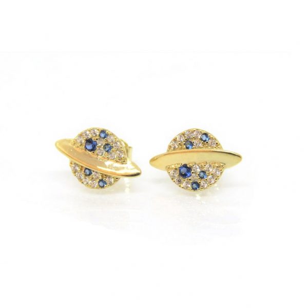 Vintage 14K Solid Yellow Gold Blue Sapphire & White Topaz Planet Earrings, 14k Gold Earrings, Planet Gld Stud