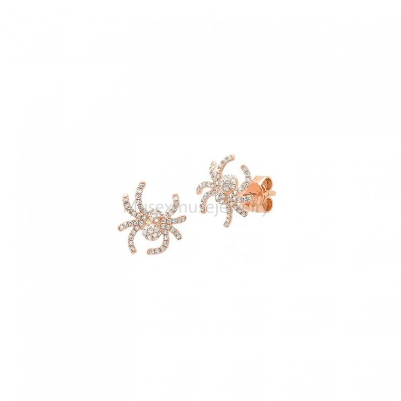 14K Rose Gold & Diamond Pave Small Spider Stud Earrings, 14k Gold Spider Stud Earrings For Women's, Gold Stud