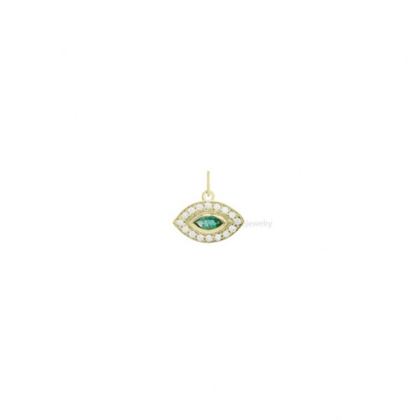 14k Yellow Gold Evil Eye Charm Pendant, Diamond Pave Emerald Marquise Charm Pendant, Diamond Handmade Pendant Jewelry Gift for Women