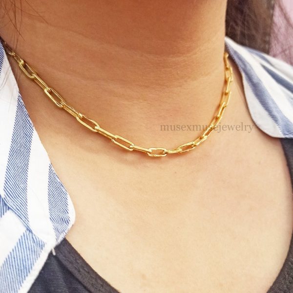 Paper Clip Chain, Yellow Gold Plating Sterling Silver Paper Clip Link Chain Jewelry, Paper Clip Chain, Flat Drawn Cable Silver Chain Jewelry