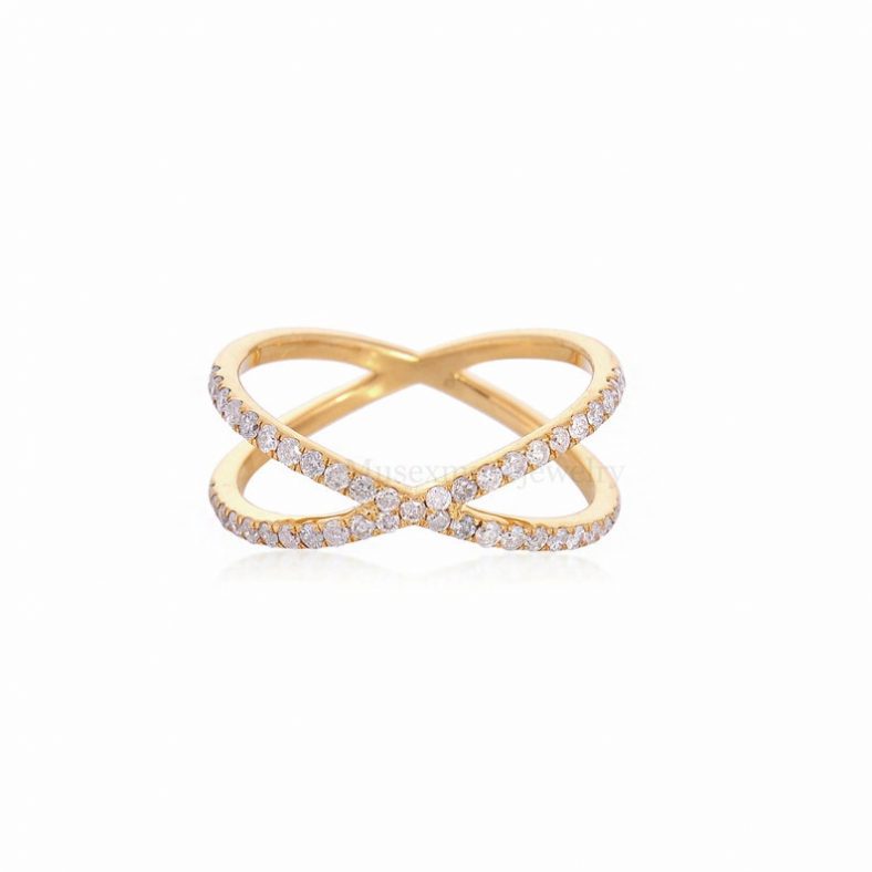 Pave Diamond Criss Cross Band Ring 18k Yellow Gold Wedding Jewelry, 18k X Ring, Gold X Ring Jewelry