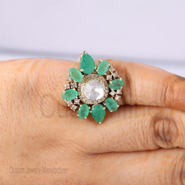 Christmas Gift!! 925 Sterling Silver Ring Jewelry, Diamond Finger Ring, Silver Ring, Polki Ring, Women's Polki Ring, Emerald Ring