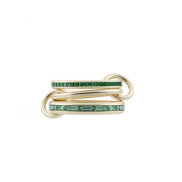18k Yellow Gold Handmade Emerald Three Connector Band Ring, Emerald Band Ring, three Connector Gold Ring