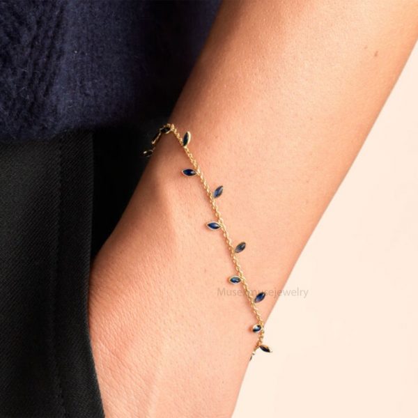 18ct Gold Sapphire Vine Leaf Bracelet, Women's Designer Trending Chain Bracelet, Sapphire Bracelet Jewelry
