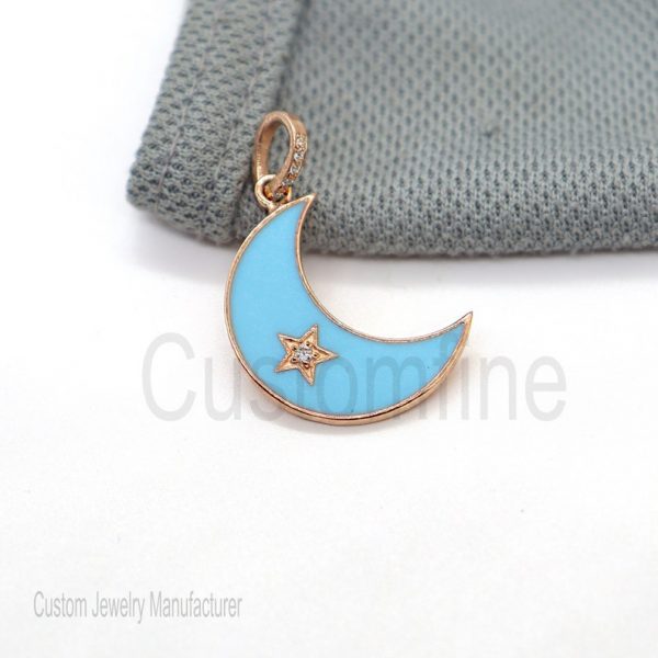 Turquoise Enamel With Diamond Handmade Half Moon Pendant Sterling Silver Jewelry, Designer Enamel Half Moon Pendant