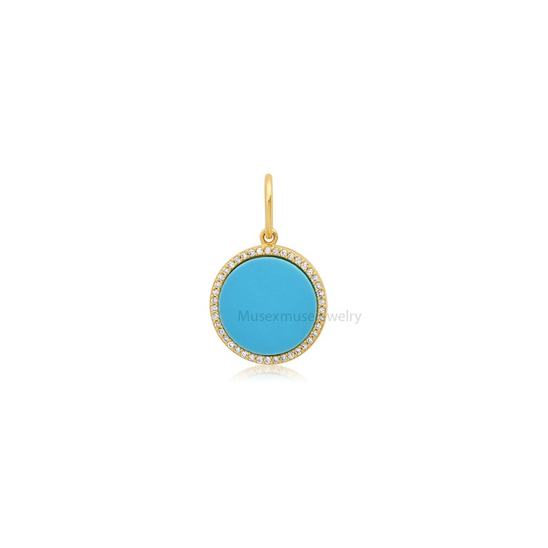 14k Yellow Gold Natural Pave Diamond Turquoise Coin Charm Pendant Jewelry, Gold Round Coin Turquoise Pendant Jewelry