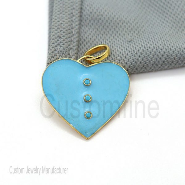 Turquoise Enamel With Turquoise Gemstone Handmade Heart Pendant Sterling Silver Jewelry, Designer Enamel Heart Pendant