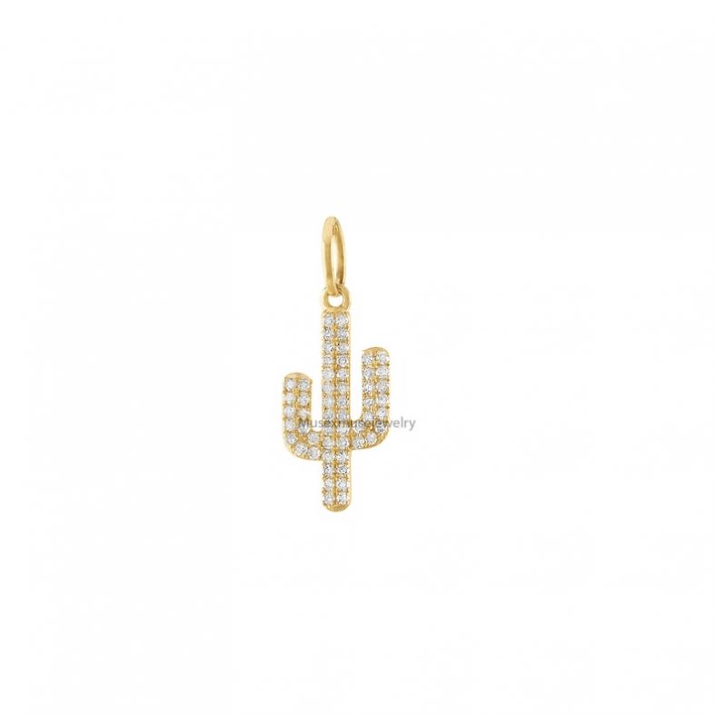 14k Natural Pave Diamond Cactus 14K Gold Charm, Natural Diamond Cactus Charm Pendant Jewelry, Gold Tiny Charms