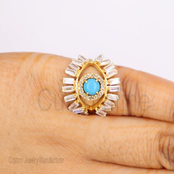 Christmas Gift!! 925 Sterling Silver Evil Eye Handmade Baguette Turquoise Ring Jewelry, Silver Ring Jewelry For Women's