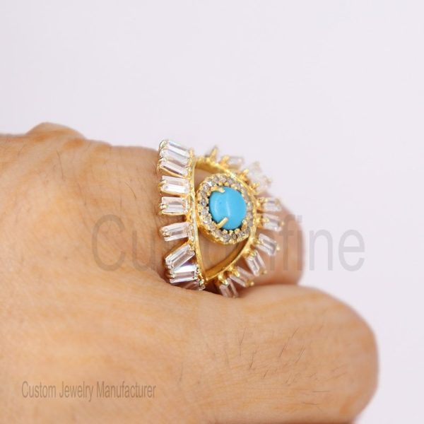 Christmas Gift!! 925 Sterling Silver Evil Eye Handmade Baguette Turquoise Ring Jewelry, Silver Ring Jewelry For Women's