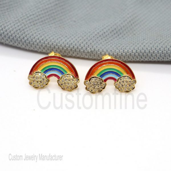 14k Gold Natural Ruby Rainbow Shape Stud Earrings, Tiny Rainbow Stud, Gift For Her