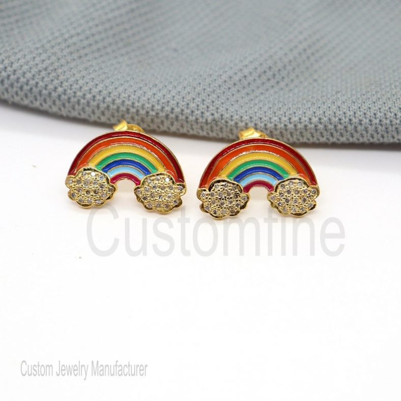14k Gold Natural Ruby Rainbow Shape Stud Earrings, Tiny Rainbow Stud, Gift For Her