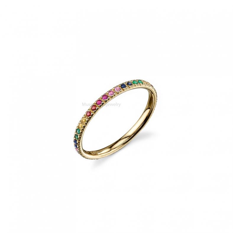14k Natural Multisapphire Designer Band Ring. Round Band Ring, 14k Gold Ring, 14k Diamond Ring Jewelry For Women's