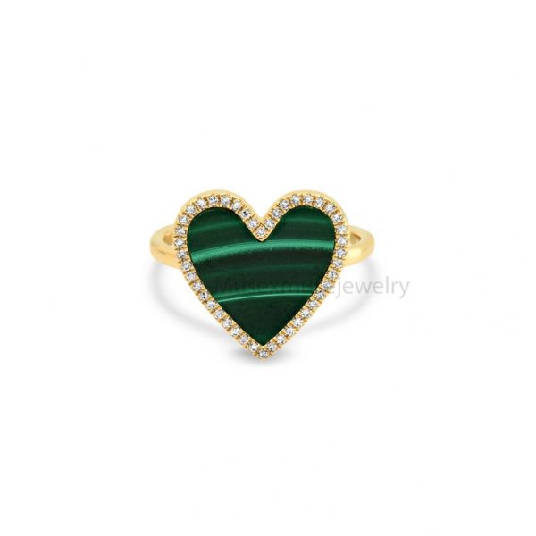 14k Gold Malachite Heart with Diamond Frame Ring, 14k Gold Ring For Women's