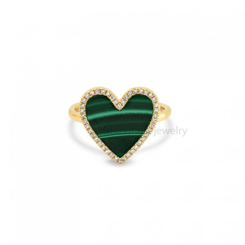 14k Gold Malachite Heart with Diamond Frame Ring, 14k Gold Ring For Women's