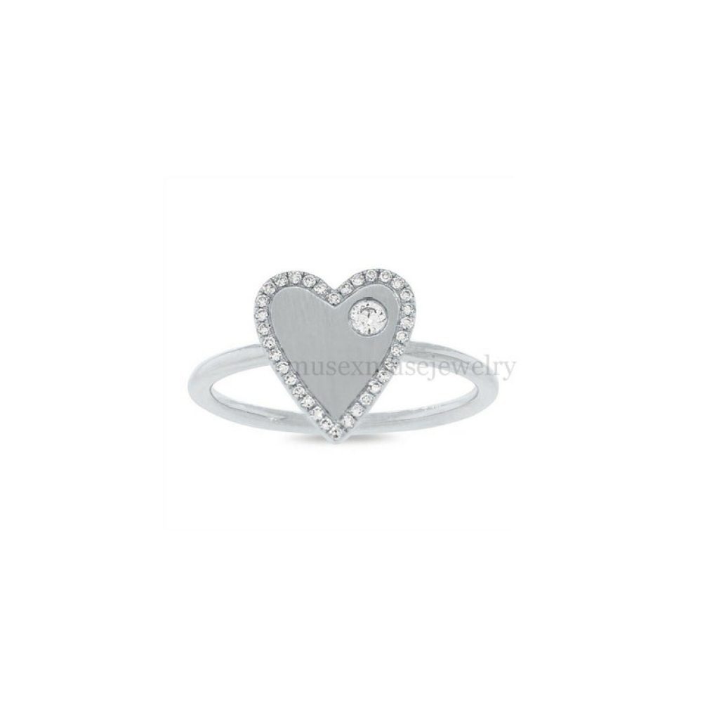 Diamond Ring 14k White Gold Pave Heart Floating Round Womens Cocktail 0.14ct, 14k White Gold Heart Ring