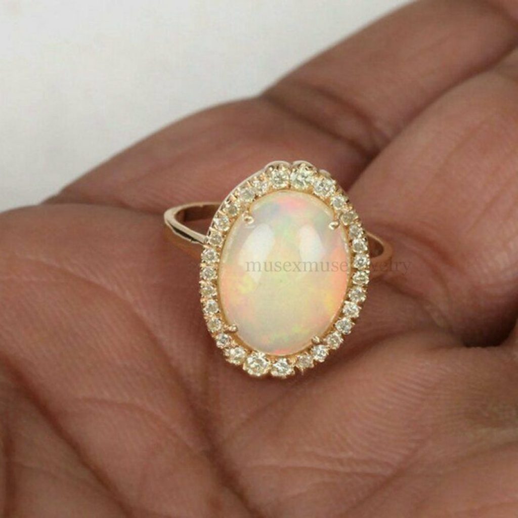 Natural Pave Diamond Ethiopian Opal Gemstone Cocktail Ring 14k Gold Handmade Ring Jewelry, 14k Opal Ring