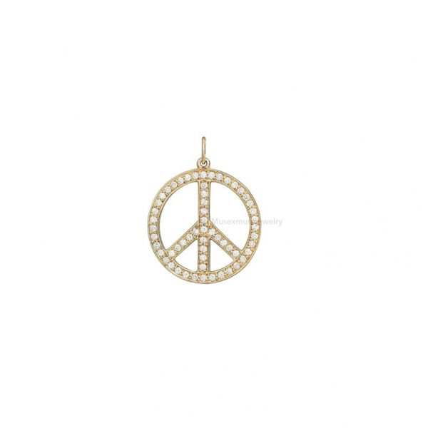 14k Yellow Gold Pendant, Pave Diamond Peace Sign Charm, Gold Diamond Pave Peace Pendant Jewelry Women Gift