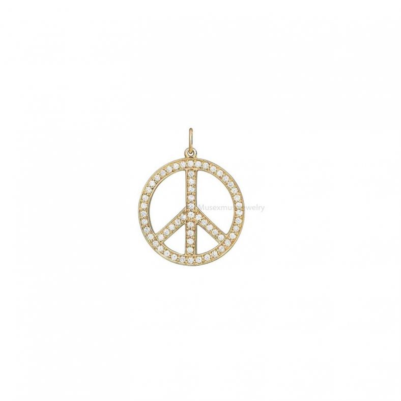 14k Yellow Gold Pendant, Pave Diamond Peace Sign Charm, Gold Diamond Pave Peace Pendant Jewelry Women Gift