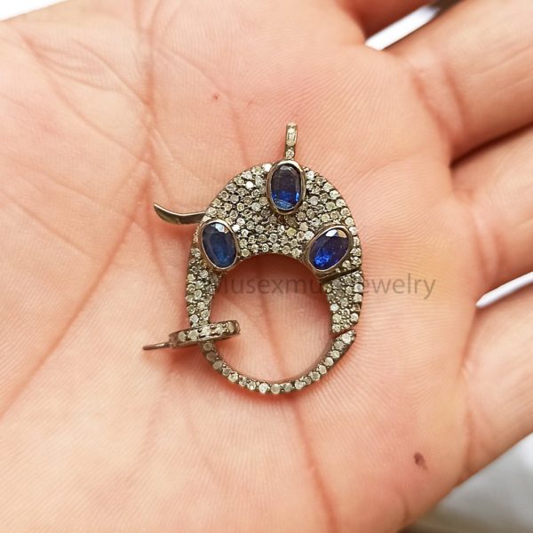 Blue Sapphire & Diamond Oxidised Sterling Silver Lobster Clasp Lock Jewelry, Silver Lobster Lock Jewelry, Clasp Lock