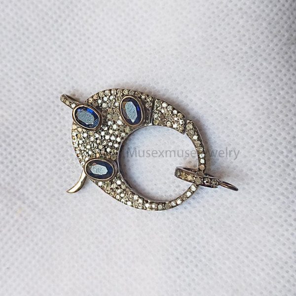 Blue Sapphire & Diamond Oxidised Sterling Silver Lobster Clasp Lock Jewelry, Silver Lobster Lock Jewelry, Clasp Lock