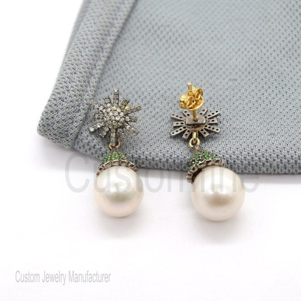Christmas Gift!! Natural Pave Diamond Pearl Earrings Jewelry, Sterling Silver Diamond Pearl Earring Jewelry, Silver Pearl Tsavorite Earrings