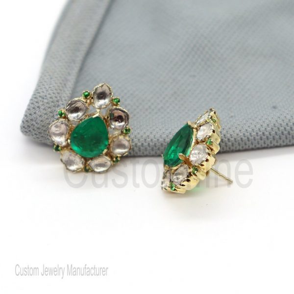 Christmas Gift!! Emerald Polki Earrings Jewelry, Sterling Silver Emerald Earrings Jewelry, Silver Ploki Emerald Earrings