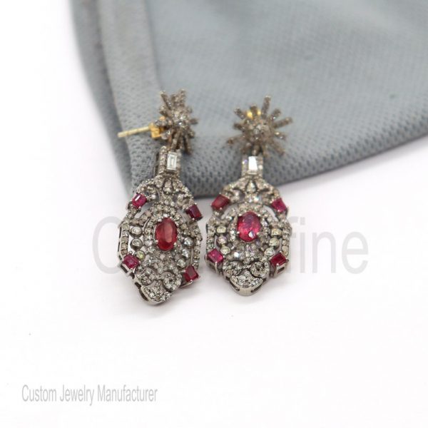 Christmas Gift!! Natural Pave Diamond Ruby Earrings Jewelry, Sterling Silver Diamond Ruby Earrings Jewelry, Silver Diamond Ruby Earrings